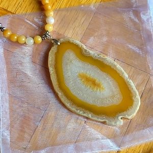 Yellow Agate Slice Pendant With Handmade Jade Beaded Necklace
